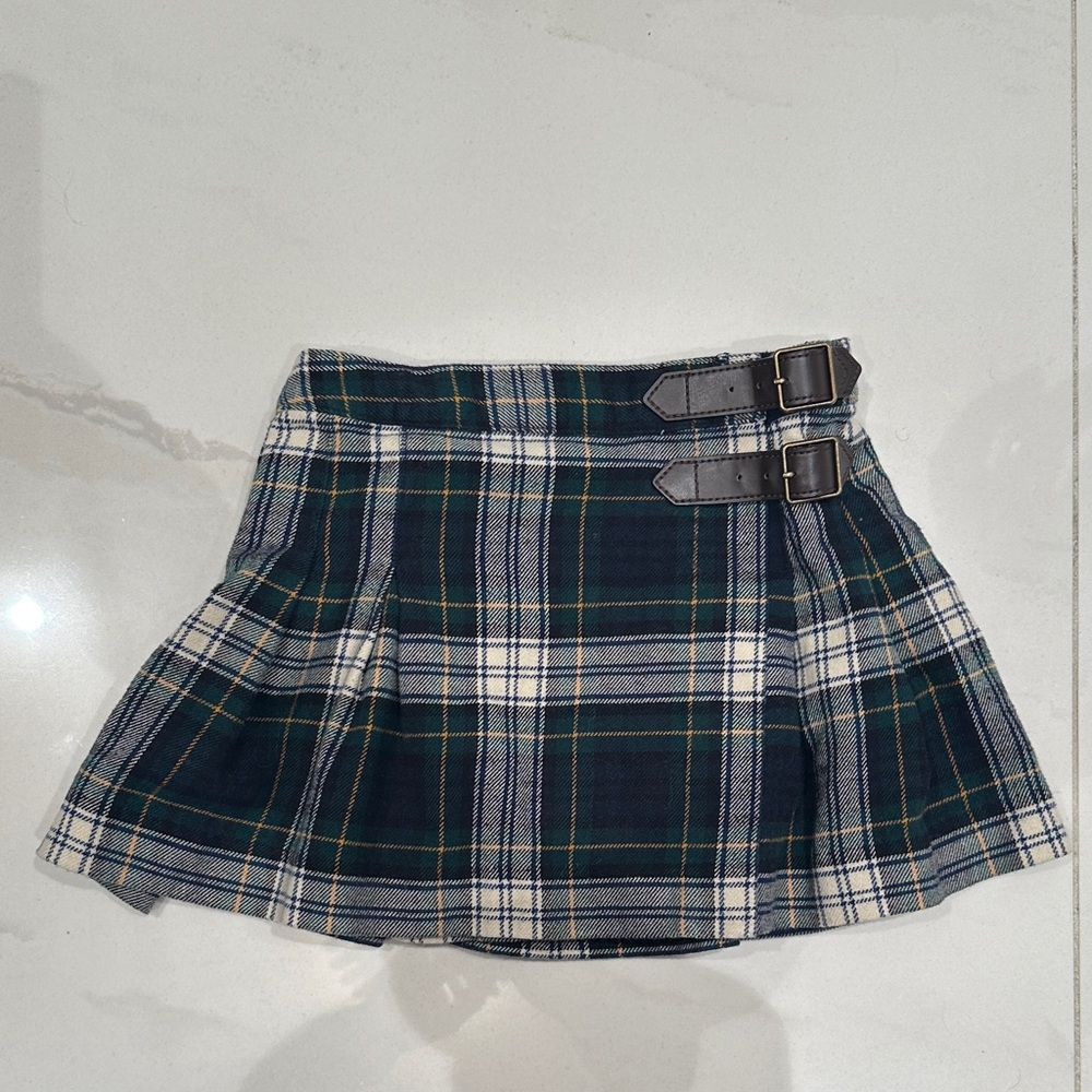 Polo by Ralph Lauren Blue, White and Green Plaid Mini Skirt with Buckles